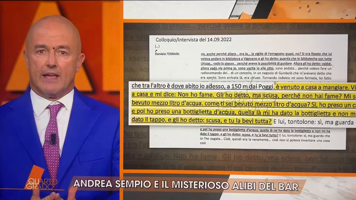 “Tra l’altro è molto tempo che Andrea non parla, ma con noi l’ha spiegata così. La STORIA della bottiglietta” Osservazione: Non credo a mezza parola di tutto ciò che precede “ee bona!” (affermazioni volutamente confusionarie e approssimative). #Garlasco
