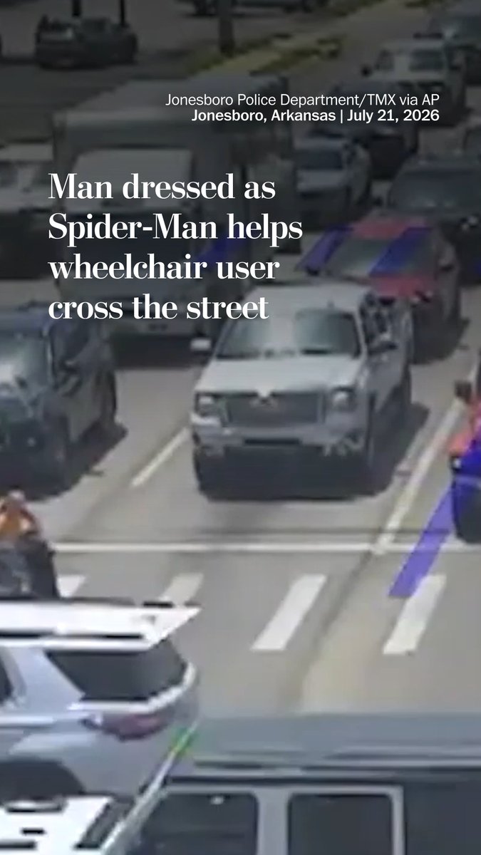 A man using a wheelchair was struggling to get across six lanes of traffic when help came in an unexpected way — from Christopher Hellenthal, who was still dressed in his Spider-Man costume from an event at a trampoline park where he works. Read more: