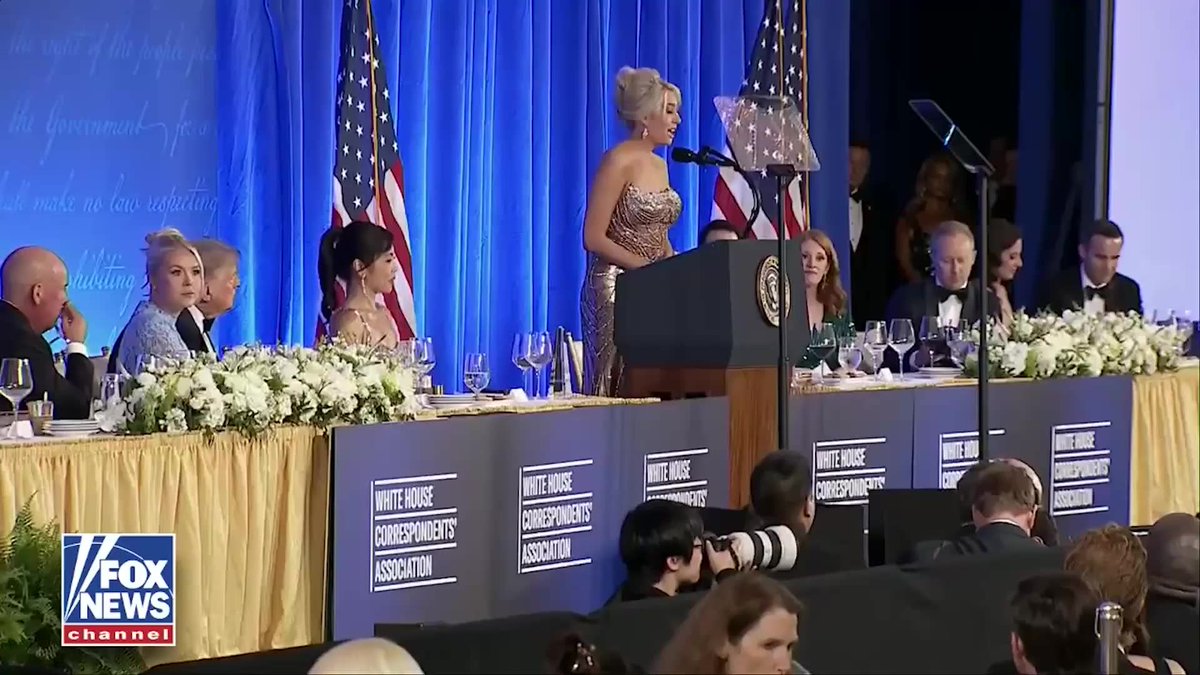 “And we are grateful to have President Trump here tonight taking part in this tradition that recognizes the essential role of a free press in our democracy. Thank you, President Trump.” Incoming White House Correspondents' Association President Jacqui Heinrich delivers remarks at the White House Correspondents' Dinner, reflecting on the April assassination attempt at last year's event and the stakes for a free press: "The attempt on President Trump's life last April was a sobering reminder that democracy is not immune to violence, and the freedoms that we cherish can never be taken for granted. Political violence must have no home in America."