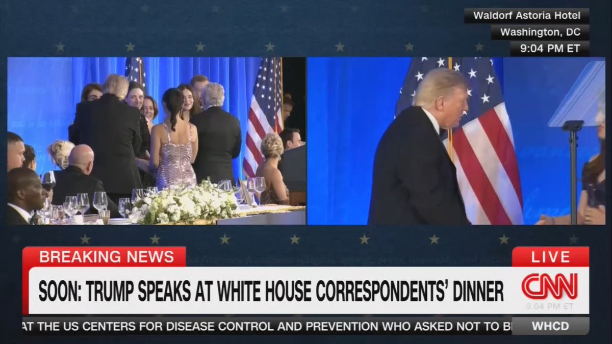 Trump grins and throws up his hands repeatedly as the Wall Street Journal receives an award for their coverage of Trump's ties to Jeffrey Epstein