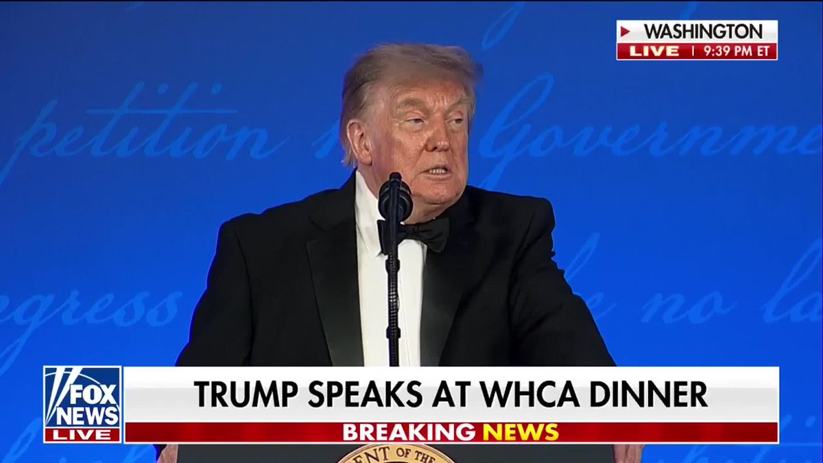 "Everyone's looking really good tonight. And I know it was not easy finding shoes to go along with your bulletproof vests, which many people didn't want to wear because they'd rather die than look 20 pounds heavier." President Trump gets a laugh at the WHCA Dinner after claiming guests would "rather die" than look 20 pounds heavier in a bulletproof vest.