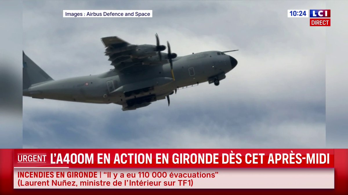 🔴 ✈️ Incendies en Gironde : Un Airbus A400M sera déployé cet après-midi à la demande de Sébastien Lecornu L'appareil peut transporter jusqu'à 20 tonnes d'eau, il viendra en appui aux effectifs présents sur le terrain pour lutter contre les feux
