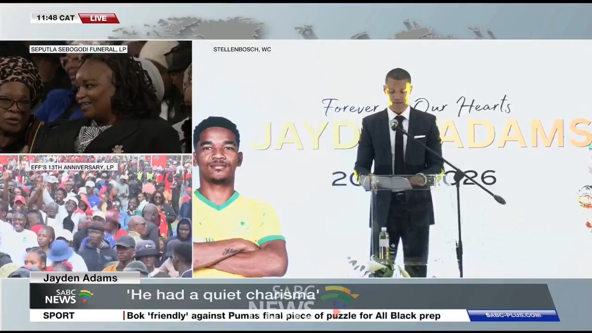 JAYDEN ADAMS FUNERAL | An emotional Thlopie Motsepe pays tribute to 'Grootman', celebrating him as a remarkable footballer whose talent, passion and impact on the game will be remembered far beyond South Africa's borders.