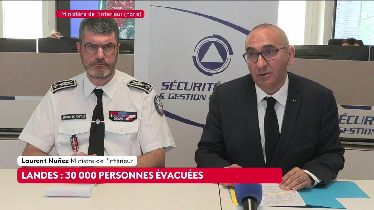 🔴 🗣 "Il y a 18 moyens aériens (...) : deux Canadair, deux avions Dash, 3 hélicoptères bombardiers d'eau et 11 avions Air Tractor" en action sur le feu en Gironde, énumère Laurent Nuñez, ministre de l'Intérieur. #canal16