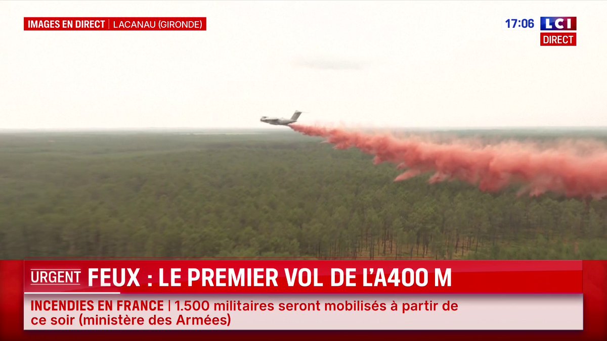 🔴 Incendie en Gironde : les images en direct du premier vol de l'A400M ➡️ Venu prêter main forte aux pompiers, l'Airbus est capable de larguer 20 tonnes de produit retardant à chaque passage