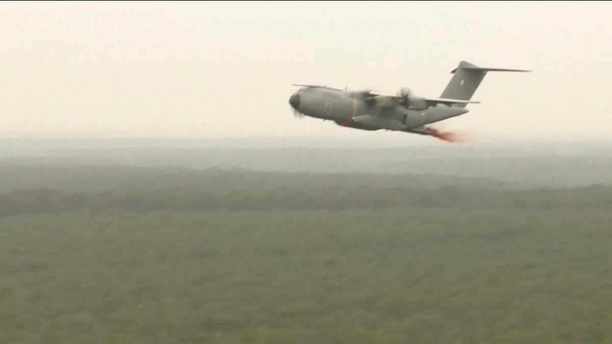 Watch an A400 military plane drop an anti-fire substance in southwest France to stop wildfires spreading, Sky's Barbara Serra has the latest Live updates ➡️ 📺 Sky 501, Virgin 602, Freeview 233 and YouTube