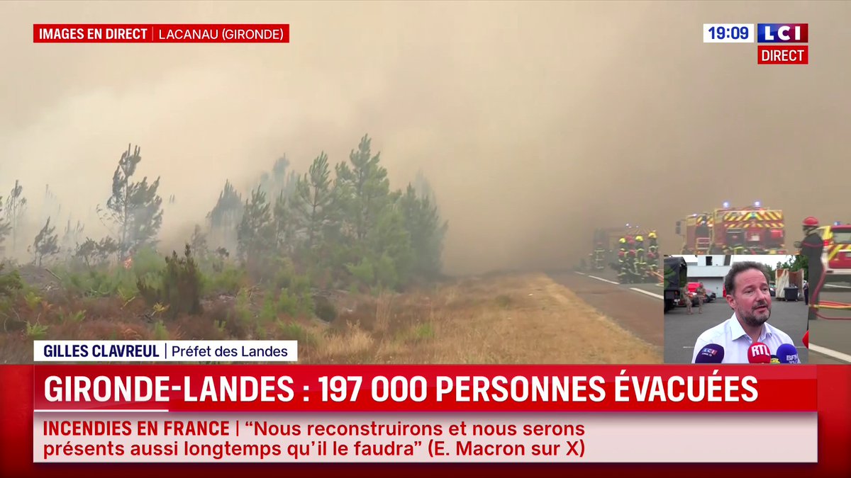 🔴 Incendies en Gironde et dans les Landes : 197 000 personnes évacuées 🗣️ Gilles Clavreul, préfet des Landes : "Être évacué de chez soi en quelques minutes, c'est très dur. La population a été formidable de sang-froid et de civisme"