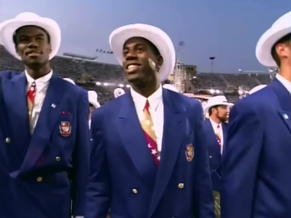 July 25, 1992: The "Dream Team" at the Barcelona Olympics' opening ceremonies. David Robinson, Magic Johnson, Christian Laettner, Clyde Drexler, Karl Malone, John Stockton, Scottie Pippen and Charles Barkley.