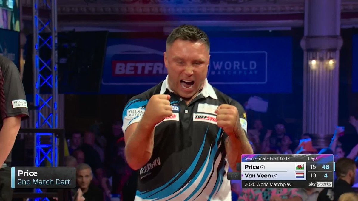 PRICE PREVAILS! 🏴󠁧󠁢󠁷󠁬󠁳󠁿 Gerwyn Price is through to his second World Matchplay final! The Welshman dispatches Gian van Veen 17-10 to continue his pursuit of the Phil Taylor Trophy! 📺 #MatchplayDarts