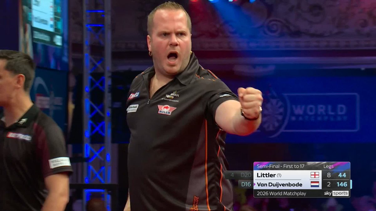 DELIGHTFUL FROM DIRK! What a finish! Dirk van Duijvenbode produces a magnificent 146 checkout to get a third leg on the board, with Littler sat on 44 after 9 darts! 📺 #MatchplayDarts