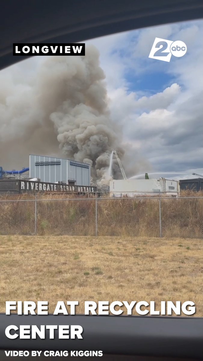 Firefighters battling large scrap pile fire at PNW Metals recycling center in Longview, Washington; all businesses and residents nearby urged to stay indoors.
