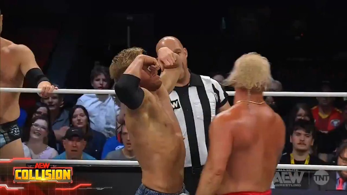 It’s a pose off between @OrangeCassidy & Truth Magnum of The Outrunners and their teams are getting involved! Watch #AEWCollision on TNT & HBO Max