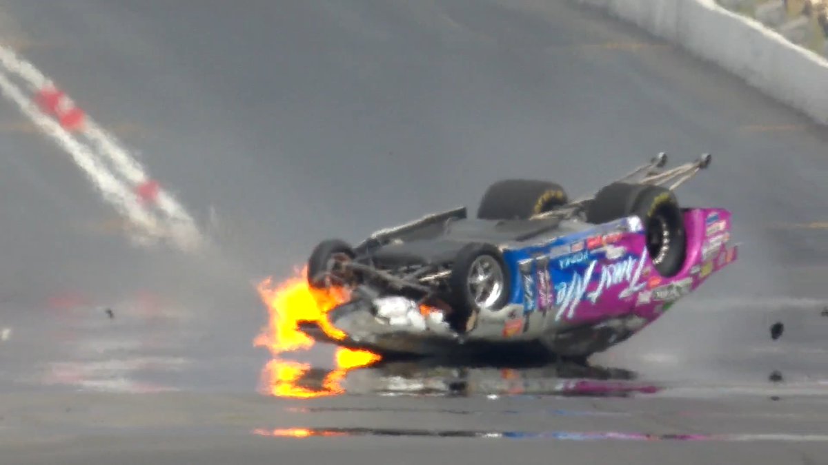 Joey Grose walked away from a wild ride that sent his Pro Stock car into the wall and onto its roof during Q4 at the Muckleshoot Casino Resort #NorthwestNats.