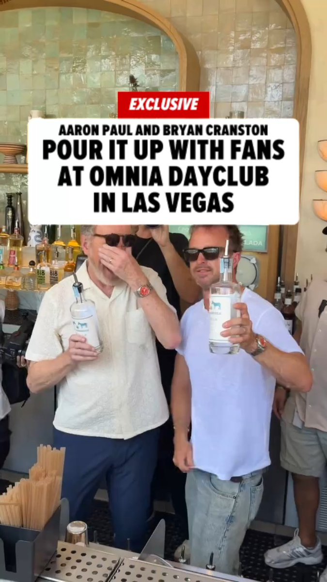 Bryan Cranston and Aaron Paul taking "bartending" to a whole new level at OMNIA Dayclub in Vegas! 🥃🔥 🎥 JPASC24