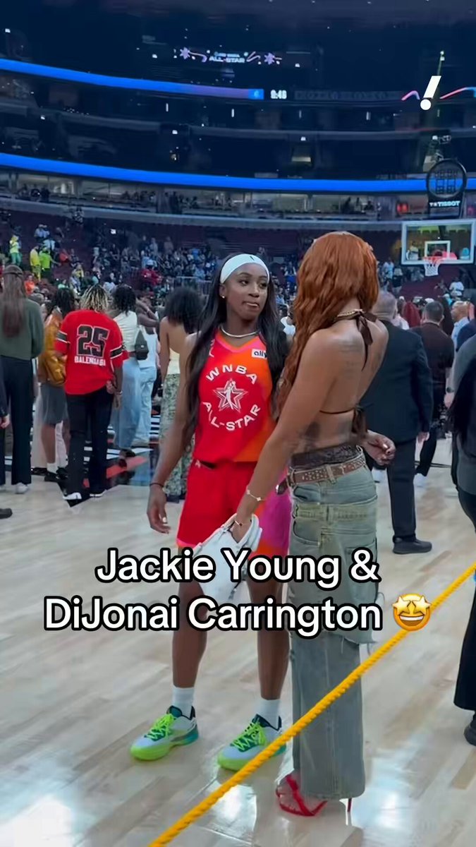 Jackie Young and DiJonai Carrington, smiling and giggling and taking pictures after the All-Star game 🥺💕
