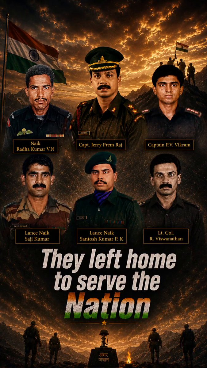 Their courage reclaimed our peaks. Their sacrifice secured our tomorrow. India's victory in the #KargilWar was a triumph of courage, strategy, and the indomitable spirit of our Armed Forces. Our soldiers reclaimed every inch of our territory, defeating the enemy in some of the harshest terrain. Kargil stands as a timeless reminder that no force can break India's resolve when its sovereignty is challenged. Today, we pay our deepest gratitude to the bravehearts of the Indian Armed Forces, including Capt. Jerry Prem Raj, Capt. PV Vikram, Lt. Col. R. Viswanathan, Lance Naik Saji Kumar, Lance Naik Santosh Kumar PK, and Naik VN Radha Kumar, who made the supreme sacrifice in defence of our nation. Their courage will continue to inspire generations of Indians. Jai Hind. 🇮🇳 ADG PI - INDIAN ARMY #RememberAndNeverForget #ServingOurNation #KargilVijayDiwas2026
