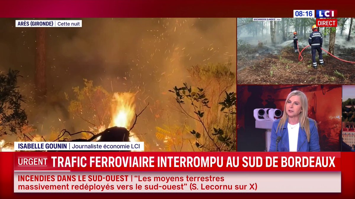 🔴 Incendies en Gironde : le trafic ferroviaire interrompu au sud de Bordeaux 👉 La circulation est coupée vers Arcachon et jusqu'à Morcenx en direction de Dax et Mont-de-Marsan, annonce la SNCF