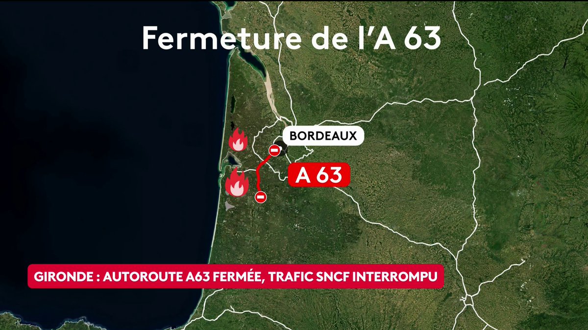 🔴 En raison du gigantesque incendie qui fait rage en Gironde, l'autoroute A63 a été fermée dans les deux sens. Le trafic ferroviaire est également interrompu dimanche au sud de Bordeaux jusqu'à nouvel ordre. #canal16
