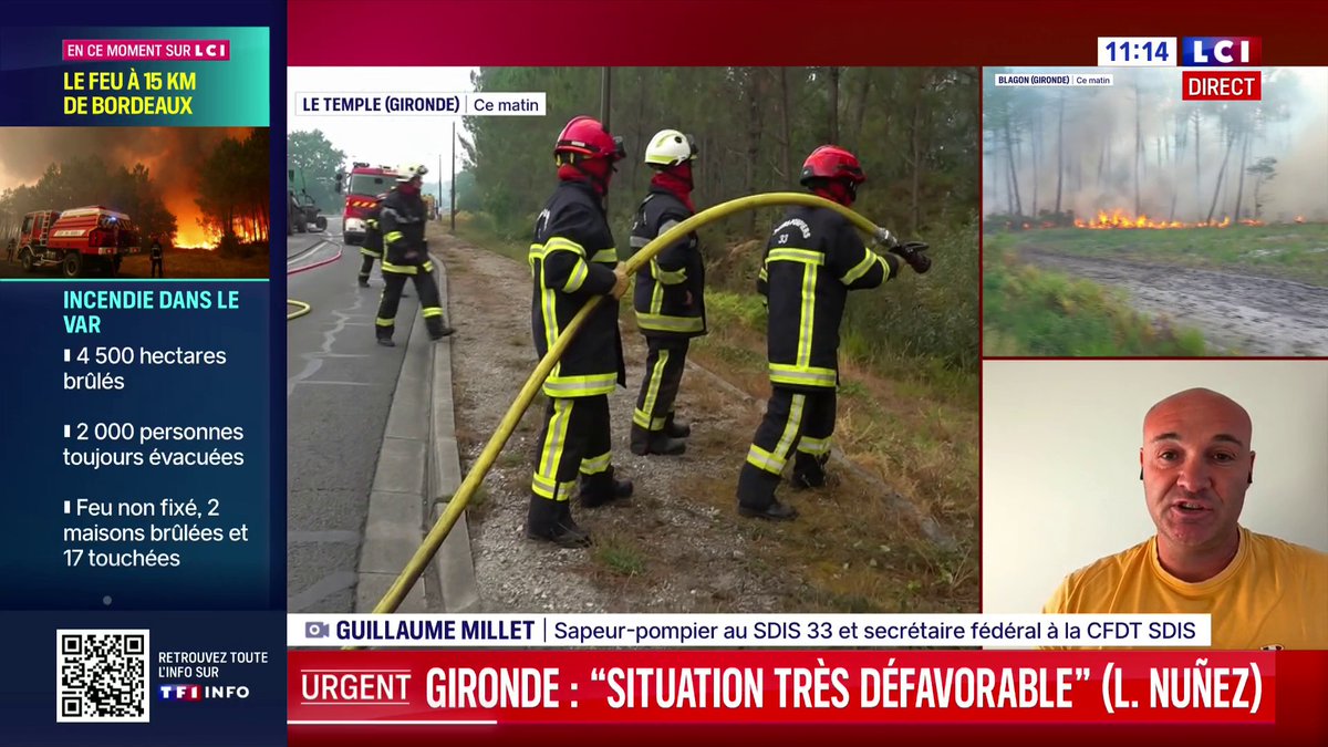 🔥🗣️ Incendies : "On fait ce que l'on peut avec ce que l'on a", déplore Guillaume Millet, sapeur-pompier au SDIS 33 et secrétaire fédéral à la CFDT SDIS 👉 Les soldats du feu doivent faire face en ce moment à plusieurs incendies voraces dans le Var, dans les Landes et en Gironde
