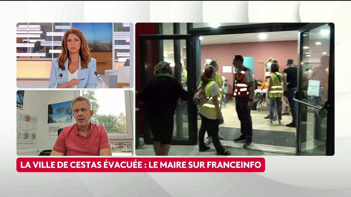 🔴 🗣 "Les flammes sont de l'autre côté de la route, la ville [de Cestas] a été entièrement évacuée", assure le maire de Cestas, en Gironde, Jérôme Steffe. La commune héberge actuellement 250 pompiers. #canal16