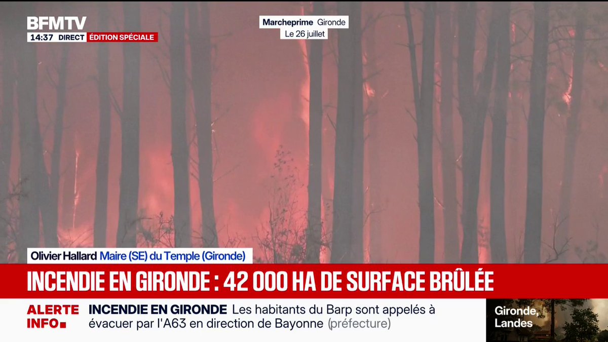 Incendie en Gironde: "La météo n'est pas favorable", explique Olivier Hallard, maire (SE) du Temple