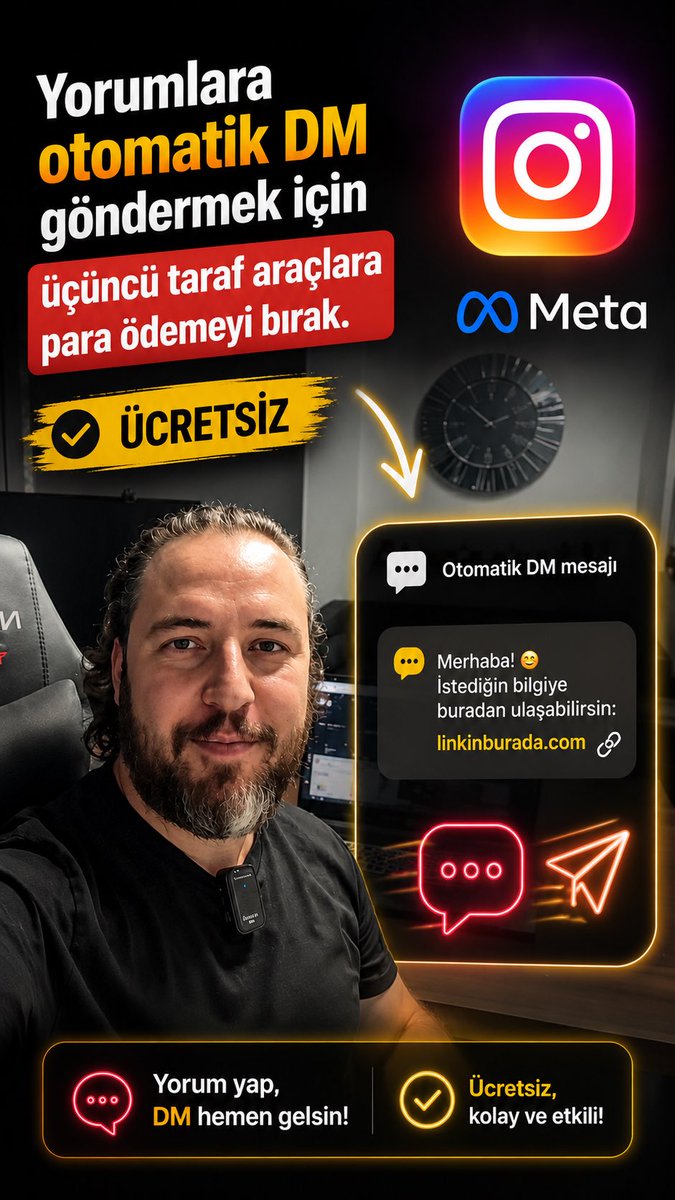 Kimse açık açık söylemiyor ama Instagram'da yoruma otomatik DM göndermek tamamen bedava. Herkes ManyChat, Chatfuel gibi araçlara aylık 15-50 dolar ödüyor. Halbuki Meta bunu Meta Business Suite'in içinde hazır veriyor. 2 dakikada kuruluyor. "Link" yazan yoruma linki, "kurs" yazana kurs bilgisini, "indirim" yazana kupon kodunu otomatik gönderiyor. Sen uyurken bile çalışıyor. Tek şart: Instagram hesabın işletme profili olacak, bir Facebook sayfasına bağlı olacak. O kadar. Nasıl kurulacağını a'dan z'ye videoda anlattım, ekranda tıklamaları da gösterdim. Bunu bugün kur, yarın sabah gelen DM'lerin farkını gör. Video aşağıda izleyip kaydetmeyi unutmayın.