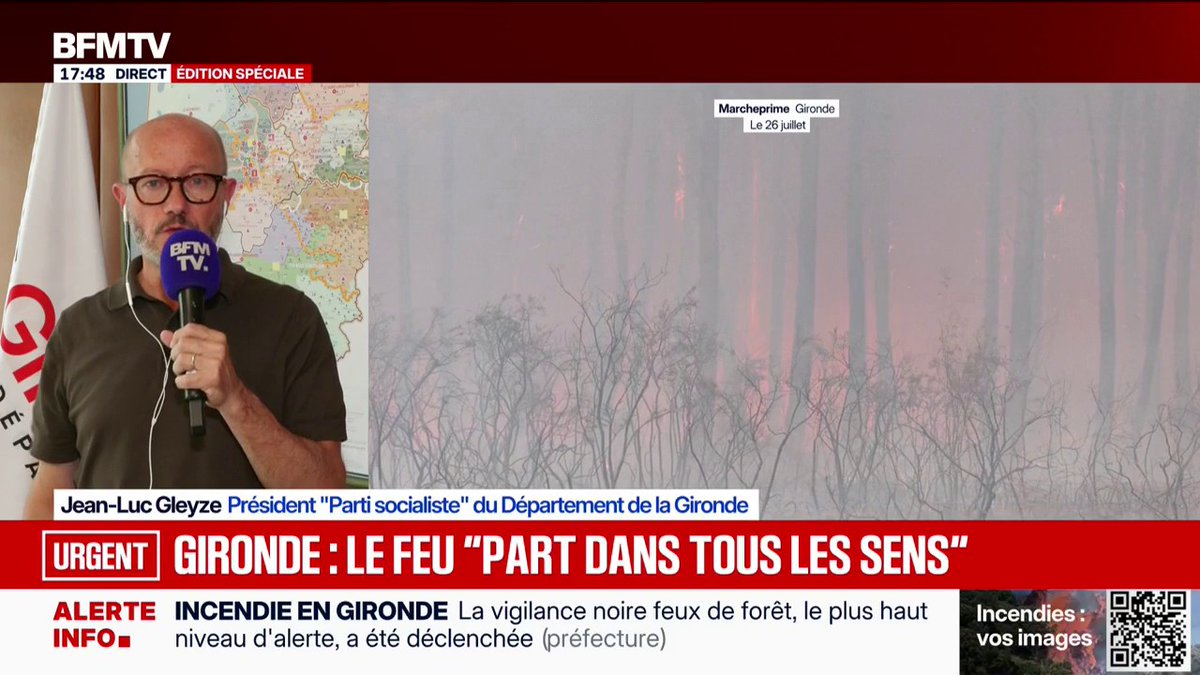 Incendie en Gironde: "L'importance de cet incendie rend les choses parfaitement imprévisibles", explique Jean-Luc Gleyze (PS)