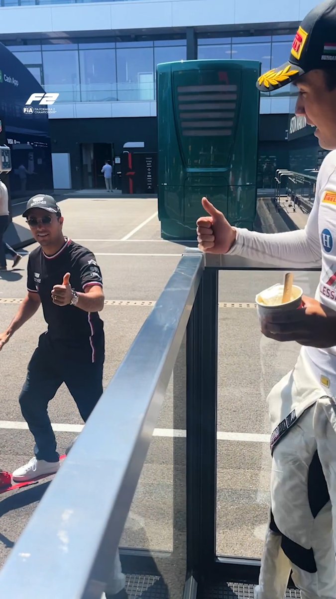 Congrats from Checo 🥳👍 Sergio Pérez spoke with his Mexican compatriot, Noel León, after his Feature Race triumph 🇲🇽🤝 #F2 #HungarianGP