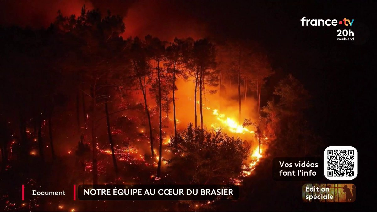 🔴⚡️ DOCUMENT : en Gironde, notre équipe au cœur du brasier C'est la nuit que le combat est le plus éprouvant pour les pompiers, car les Canadairs ne peuvent pas voler. Avec parfois l'aide des habitants qui défient le feu avec des moyens dérisoires. #JT20h