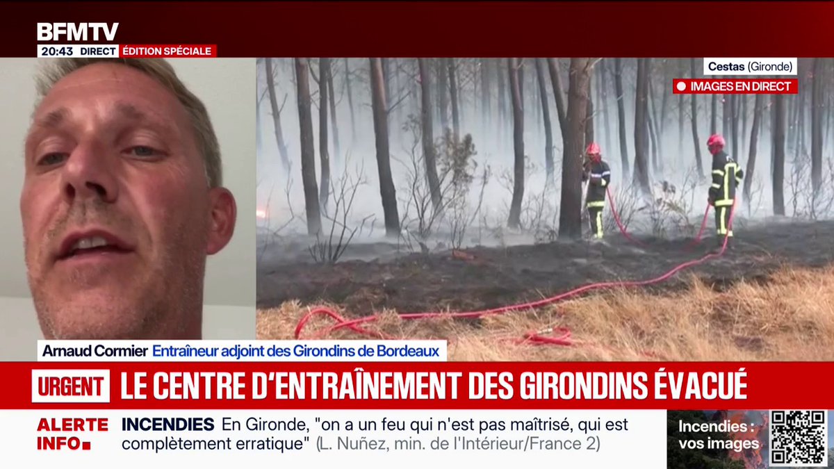 Incendie en Gironde: "Il a fallu évacuer le haillan", raconte Arnaud Cormier, entraîneur adjoint des Girondins de Bordeaux