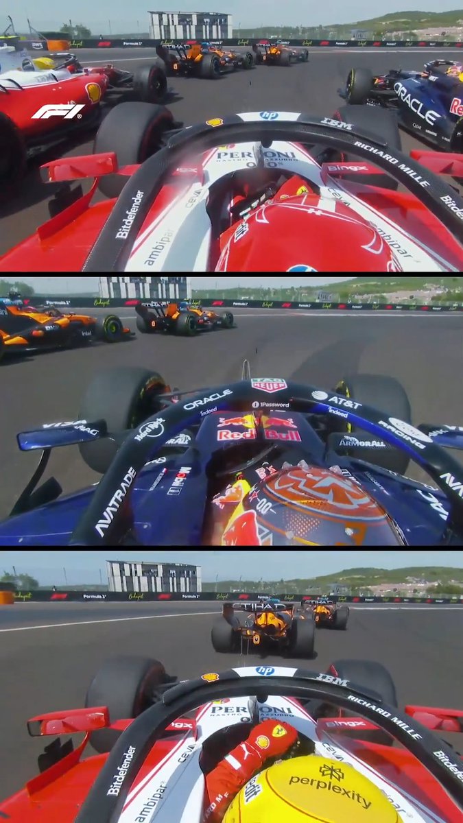 A three-way onboard view of the charge off the line! 🤩 Charles Max Lewis #F1 #HungarianGP