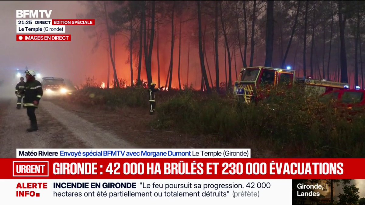 Incendie en Gironde: alors que la nuit est en train de tomber, le feu s'intensifie