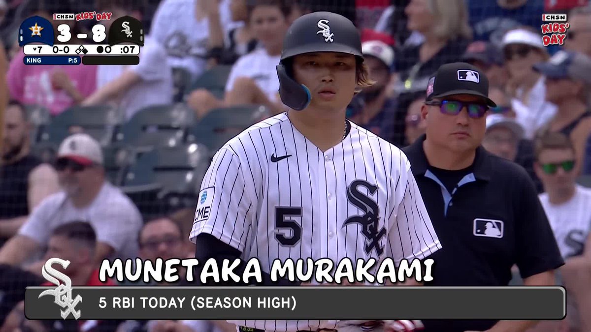 村上宗隆が2点タイムリーヒット💥 本日2安打5打点 自身のボブルヘッドデーで大活躍！ 打率.236 21本塁打 47打点 OPS.905 ①本塁打②二ゴロ③二ゴロ④中安 🎥White Sox on CHSN #村上宗隆