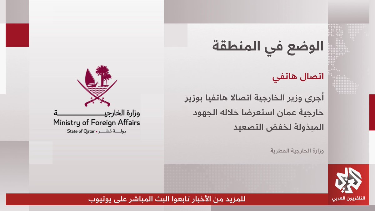 وزارة الخارجية القطرية: أجرى وزير الخارجية اتصالا هاتفيا بوزير خارجية عمان استعرضا خلاله الجهود المبذولة لخفض التصعيد