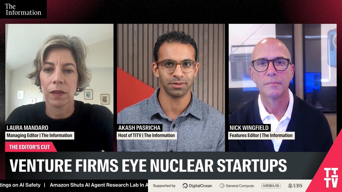 Big tech companies are striking deals with nuclear energy providers for AI. "Amazon has an agreement with a startup called X Energy to build a small modular reactor power plant in Washington state." "Terra Power, which is a Bill Gates-funded small modular reactor startup, has a deal with Meta." — Nick Wingfield, Features Editor