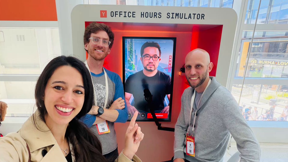 How does the YC Office Hours Simulator work? 1. Walk up to a booth and press "start simulation" 2. Get randomly matched with an AI YC partner. They know who you are and what you're working on (based on your application) 3. Talk about whatever's on your mind. Each Partner is trained on hundreds of hours of how they normally run their Office Hours (video features AI Jon Xu. photo features AI Garry Tan) That's it! Built by Jared Friedman and the Y Combinator Software Team for #StartupSchool 👏 Sumanyu Sharma 🍫 brryant Sidney Primas