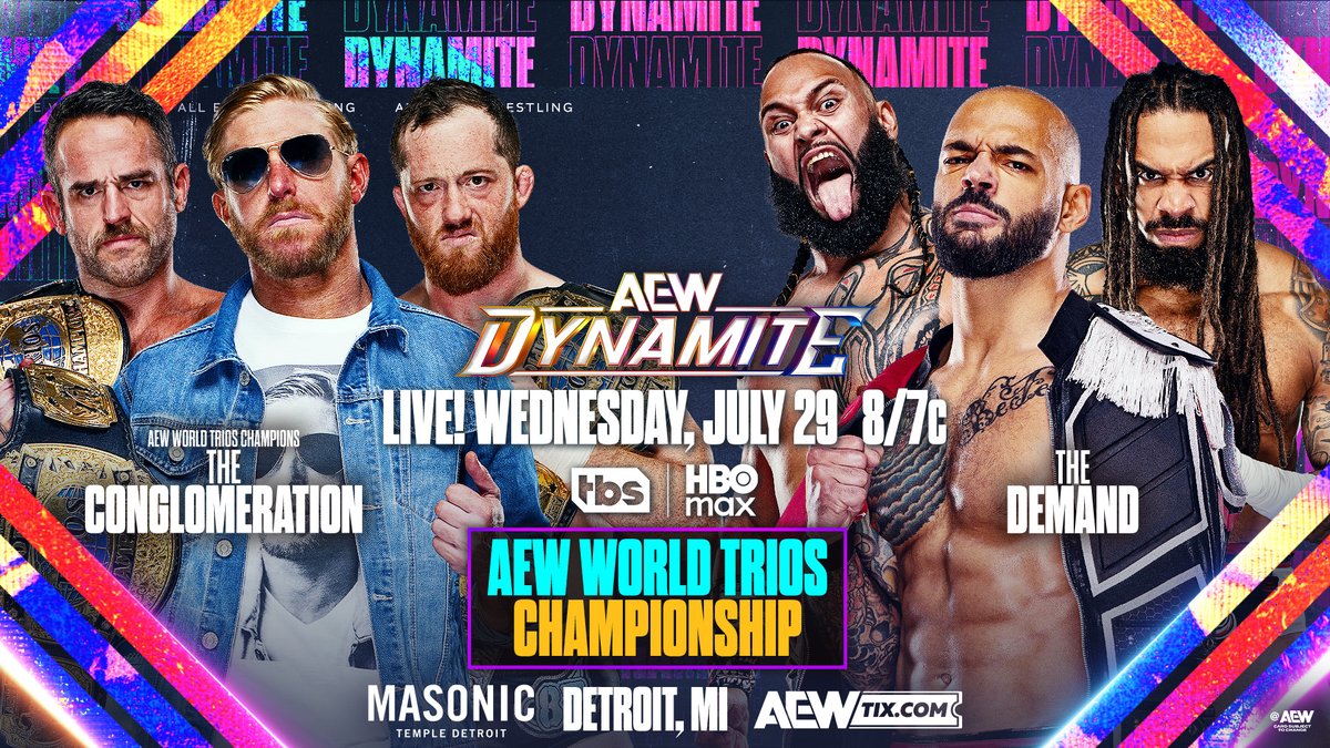 A congratulations from The Demand? Sort of. Lightskin Kingpin, Toa Liona, and B I S H O P K A U N 🇨🇲 send a message to The Conglomeration and issue a challenge for the #AEW World Trios Titles this Wednesday on #AEWDynamite! Watch #AEWRedemption LIVE on HBO Max