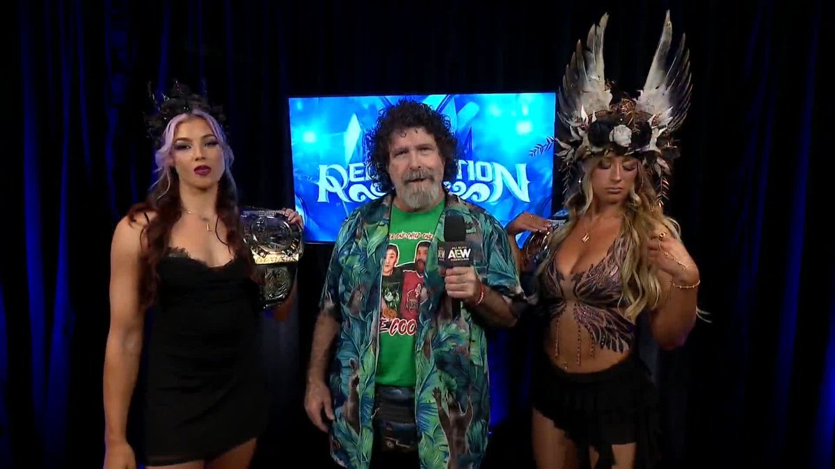 Mick Foley checks in with the #AEW Women’s World Tag Team Champions Divine Dominion! Lena Kross レナ・クロス and MEGAN BAYNE ⚡️ メーガン・ベイン had thoughts on the Brawling Birds, but the conversation quickly took an unexpected turn! Watch #AEWRedemption LIVE on HBO Max
