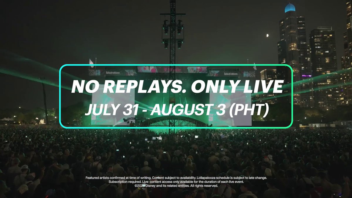 Unforgettable sets. One epic festival weekend 🎶 From global icons to our very own SB19, catch Lollapalooza—LIVE on #DisneyPlusPH 💙 No replays. LIVE only from July 31 to August 3, starting at 3:45 AM (PHT)