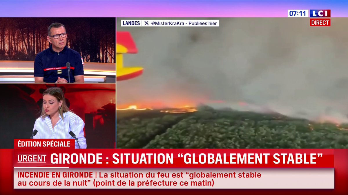 🔴 Incendies en Gironde : la situation est "globalement stable" Les incendies les plus proches de Bordeaux sont à 15 km. La pluie a un peu aidé les pompiers mais la matinée reste décisive. ➡️Les précisions de Claire Cambier 📺La matinale LCI présentée par Solenn Riou