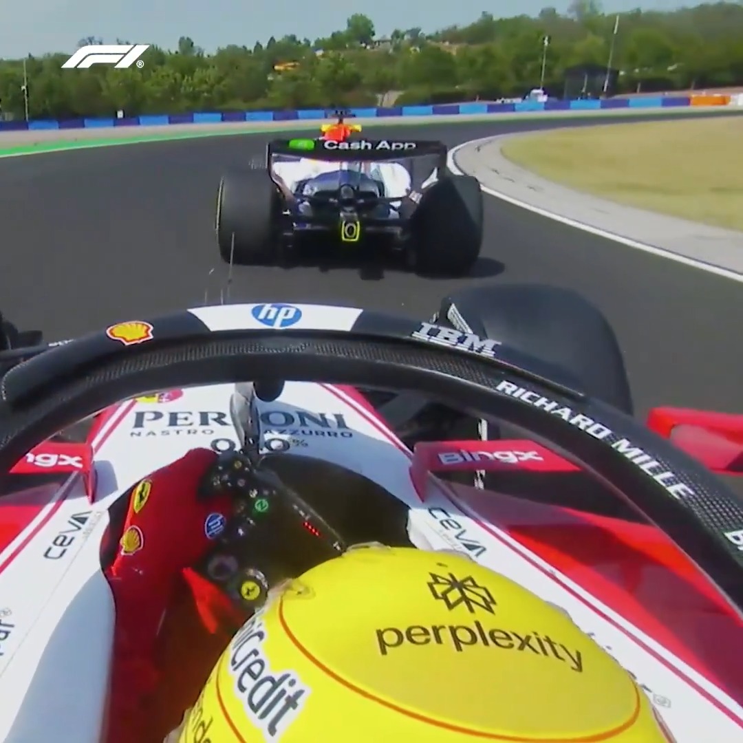 Around the outside goes Hamilton! 😮‍💨 The Ferrari driver made good use of fresh tyres to make the move on Arvid Lindblad 👏 #F1 #HungarianGP