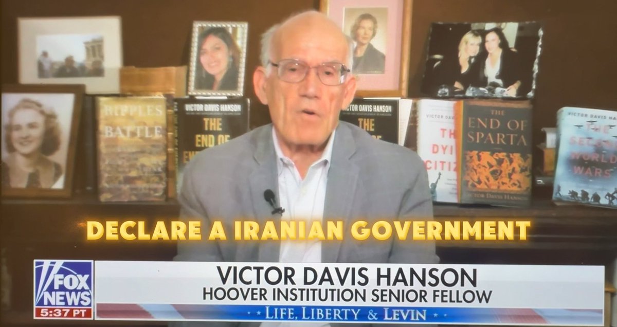 They finally said it! Victor Davis Hanson tells Mark R. Levin we should bring in Reza Pahlavi and declare an Iranian Government in exile and to deal with them and ignore the extremists totally while we finish depleting their power. Levin agrees it’s a “great idea.” 💡 They discussed process to deplete regime and protect citizens who revolt just before this in the show. Sorry for the shaky video but I couldn’t find it online to screen record so this is it from TV tonight.