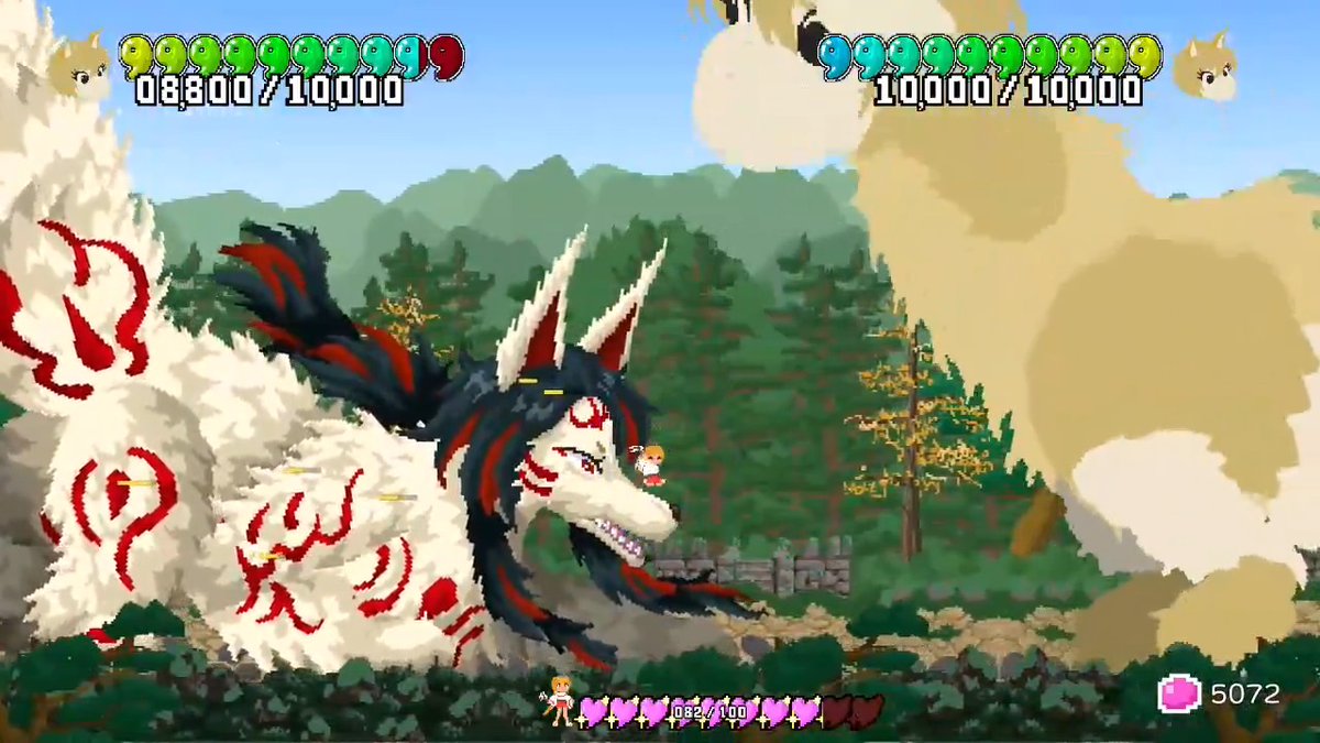 巫女ギャル＆巨神ｖｓ巨神のガチンコ対決ゲームを作ろうと思います 攻撃判定回りと背景スクロールを実装した 奥行き感は出てきた？ Miko+Kyoshin vs Kyoshin — giant-scale combat in the works. #indiegame #ゲーム制作 #pixelart