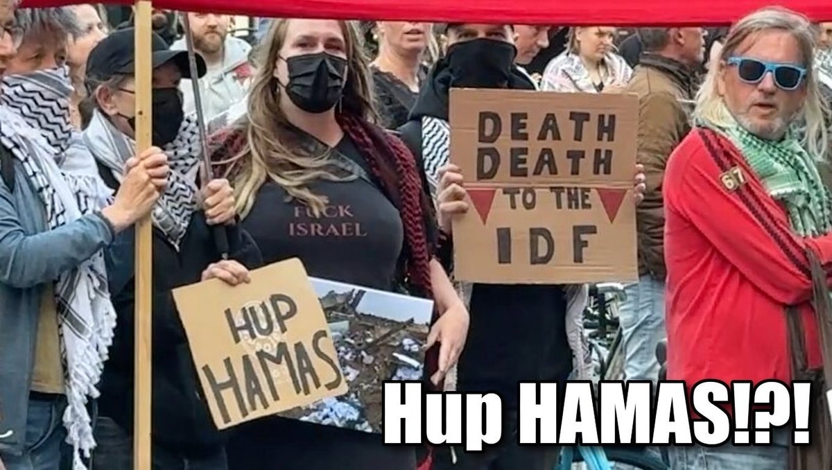 Bordjes met "HUP HAMAS" en "DEATH🔻TO THE🔻IDF" gisteravond op de Neude. Oproepen tot terreur en moord. Het mag allemaal in het Utrecht van burgemeester Dijksma. 'Mensenrechtenstad voor iedereen', behalve als het om Joden of Israëli's gaat? #Utrecht #Neude