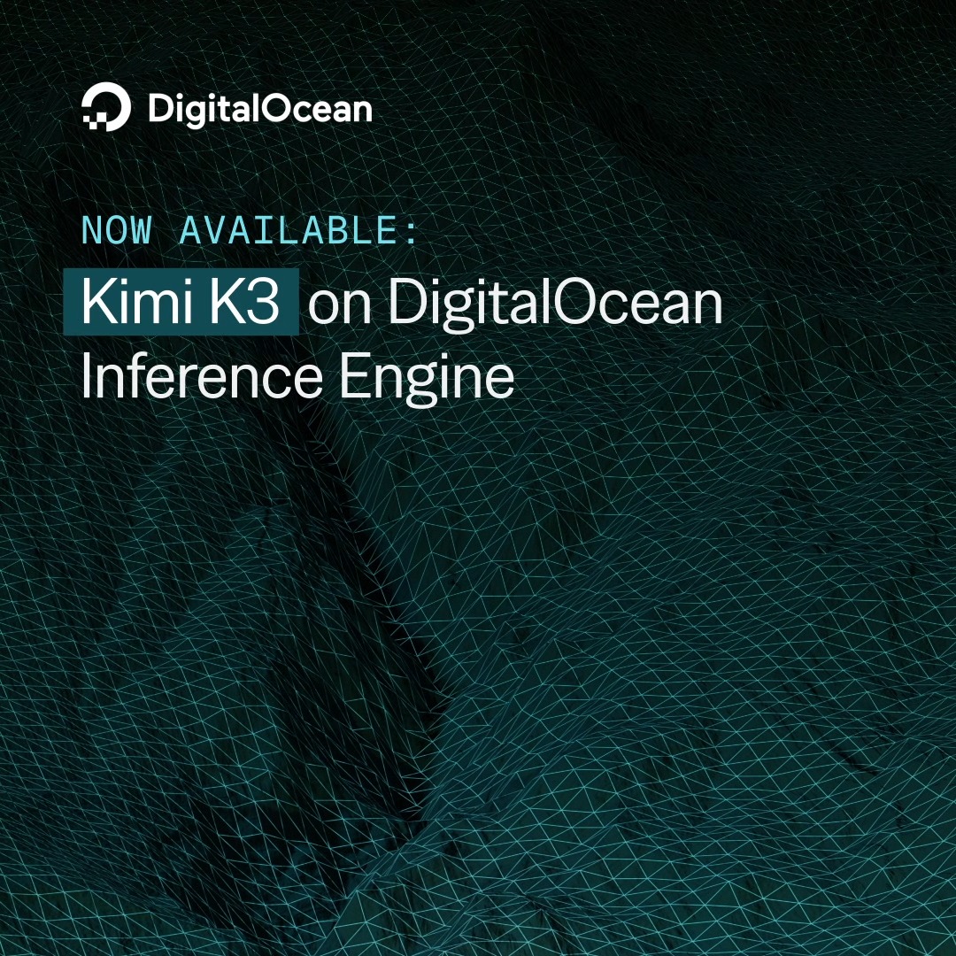 .Kimi.ai K3 from Moonshot AI is now live on DigitalOcean Inference Engine. 1M-token context, native vision, built to run agentic tasks for hours. Supported on Inference Router and model synthesis to maximize intelligence per dollar. No setup, no model ops.