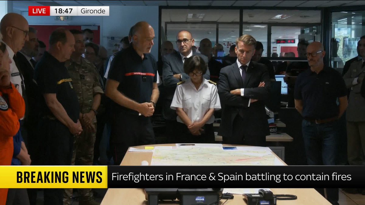 BREAKING: French president Emmanuel Macron has visited an emergency centre in Gironde, where fire crews are battling to contain a major blaze near Bordeaux. Read the latest on the wildfires in Europe 🔗 📺 Sky 501, Virgin 602, Freeview 233 and YouTube