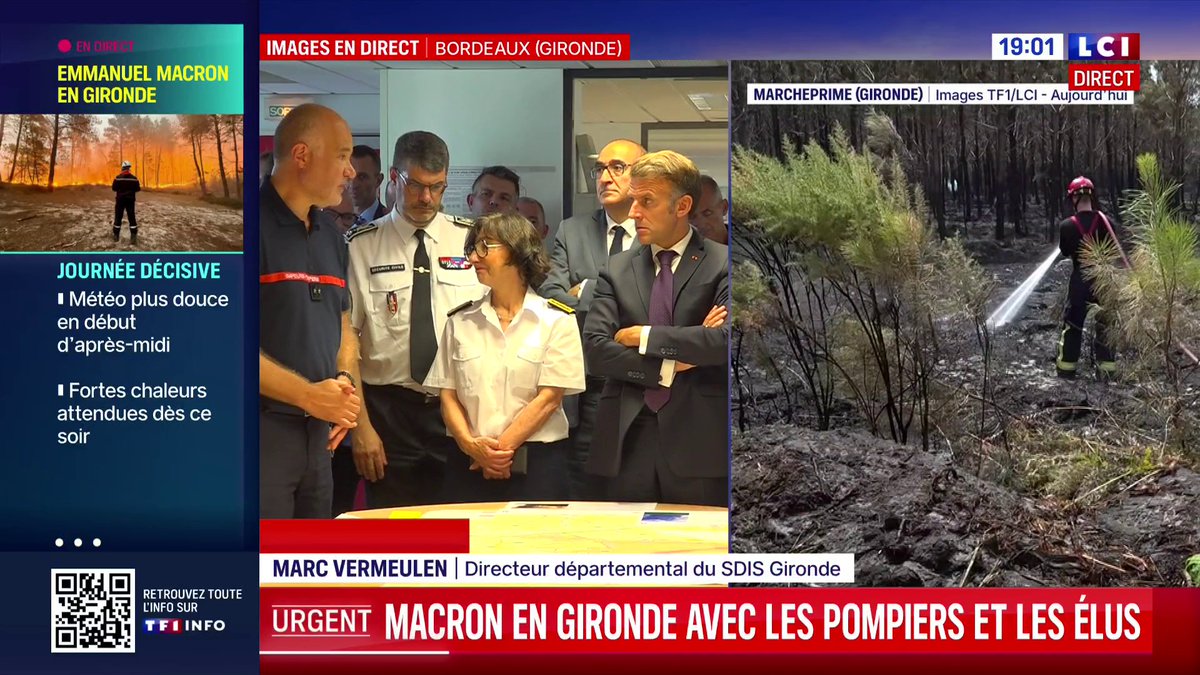 🗣️ Aux côtés d'Emmanuel Macron, Marc Vermeulen, directeur départemental du SDIS 33 demande "un appui aérien complémentaire la nuit".
