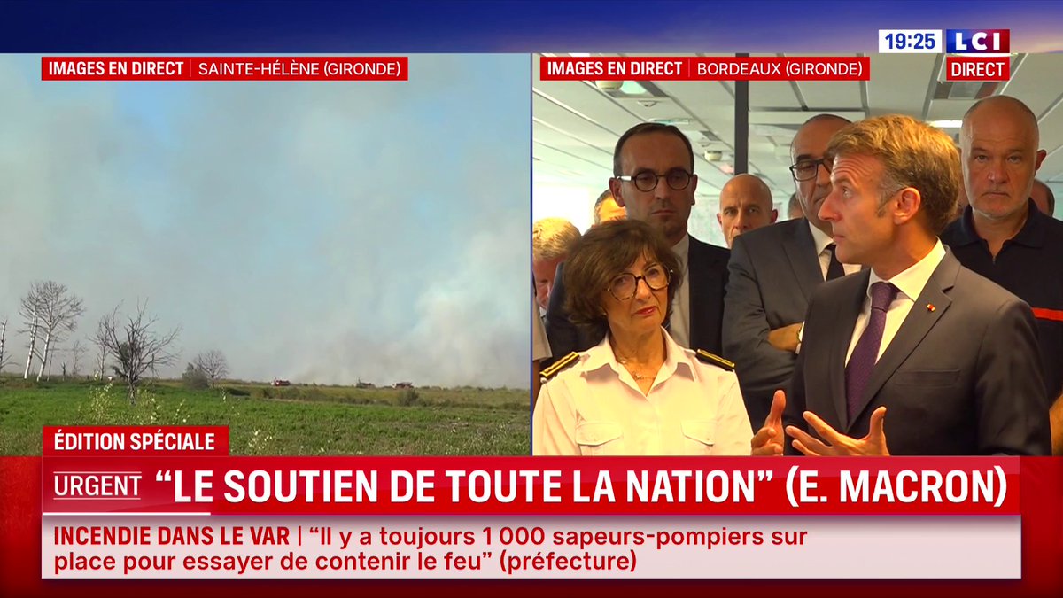 🗣️ Incendies en Gironde : "On a la situation aujourd'hui qui est la plus dure jamais mesurée depuis la Deuxième Guerre mondiale", avec plus de 160.000 hectares brûlés "et la saison est loin d'être terminée", assure Emmanuel Macron