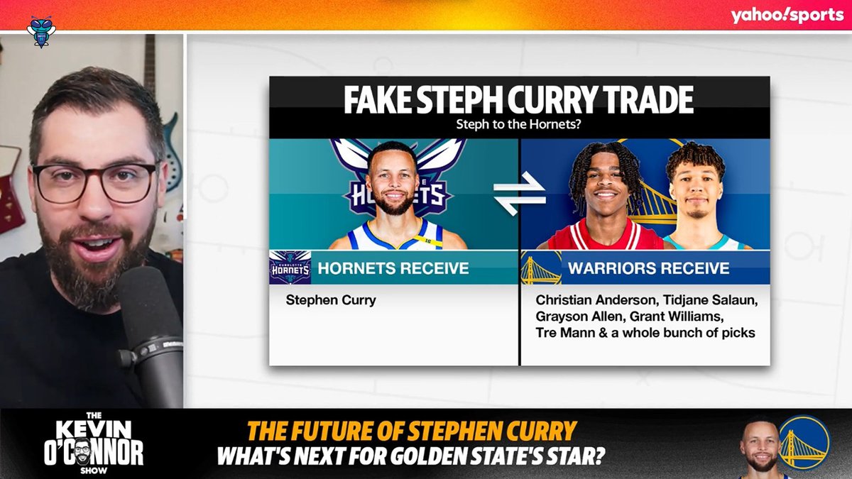 Fake trade by Kevin O'Connor to bring Steph Curry to Charlotte... 🤔 Charlotte Hornets get: — Stephen Curry Golden State Warriors get: — Christian Anderson Jr — Tidjane Salaun — Grayson Allen — Grant Williams — Tre Mann — A whole bunch of picks
