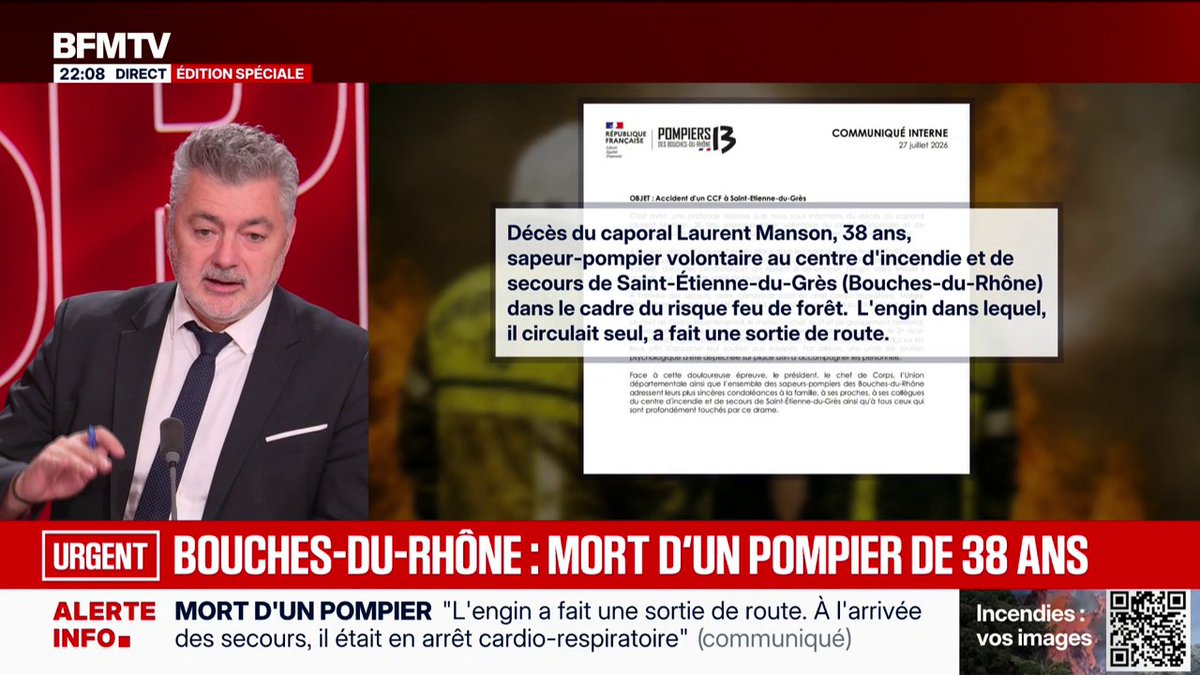 Bouches-du-Rhône: un pompier volontaire de 38 ans est décédé, "l'engin dans lequel, il circulait seul, a fait une sortie de route"